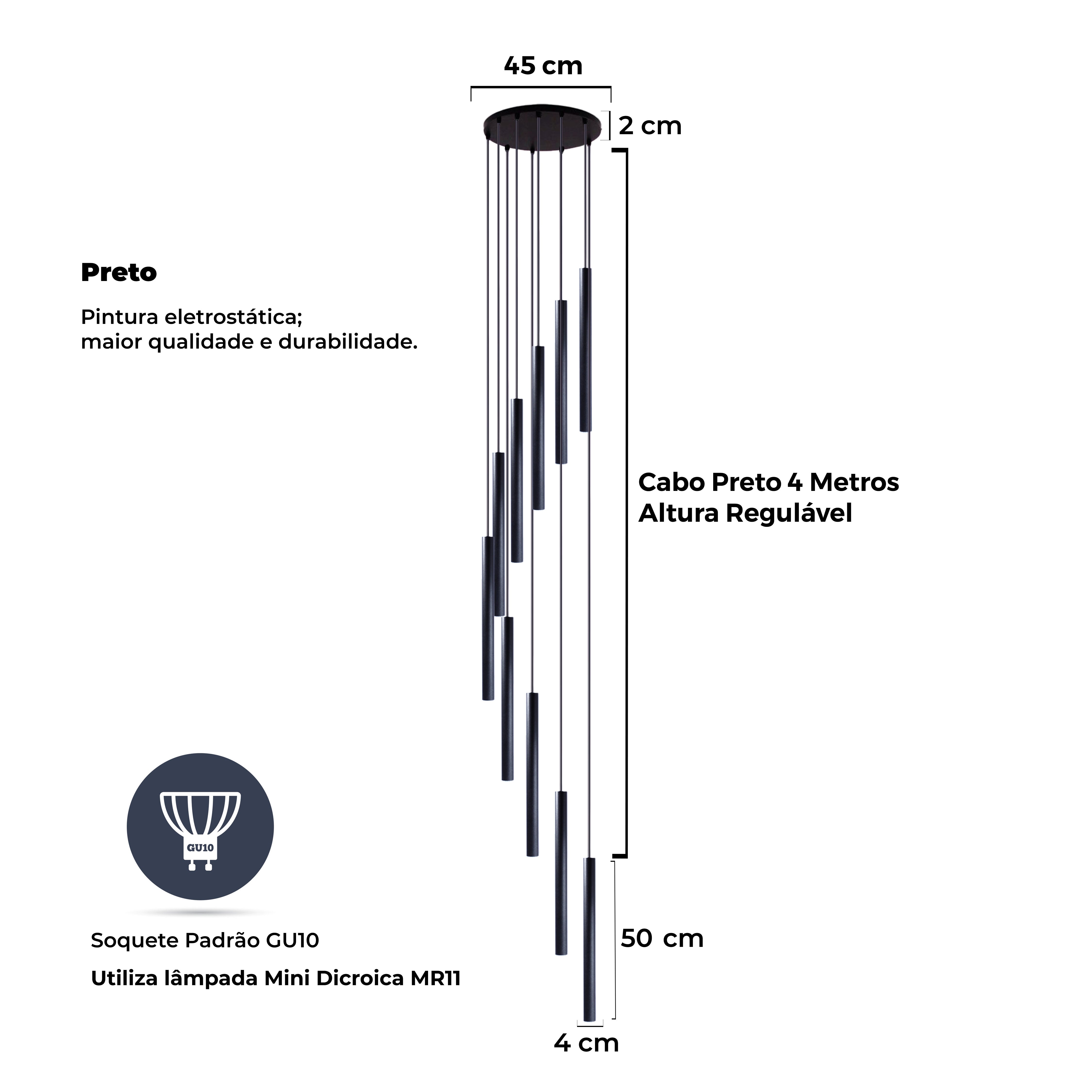 Pendente 10 Tubo Preto 50cm Canopla 45cm Escada Sala