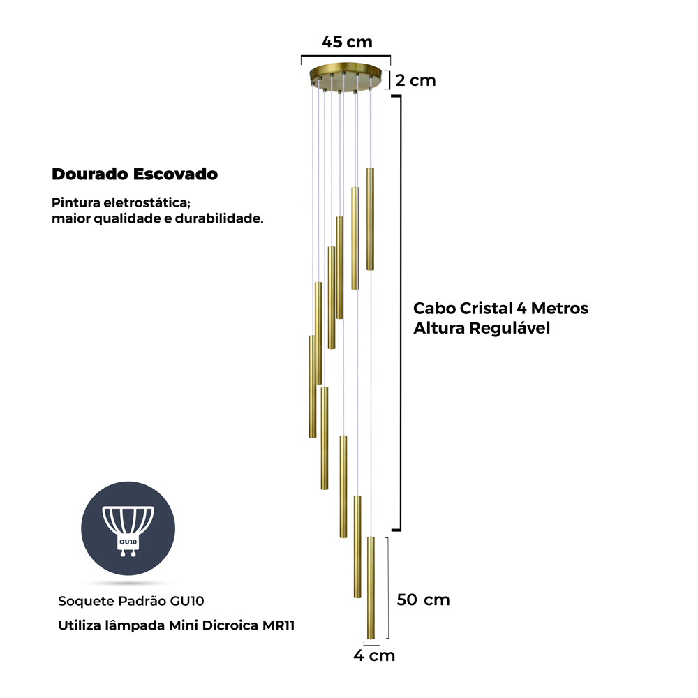 Pendente 10 Tubo Dourado Escovado 50cm Canopla 45cm