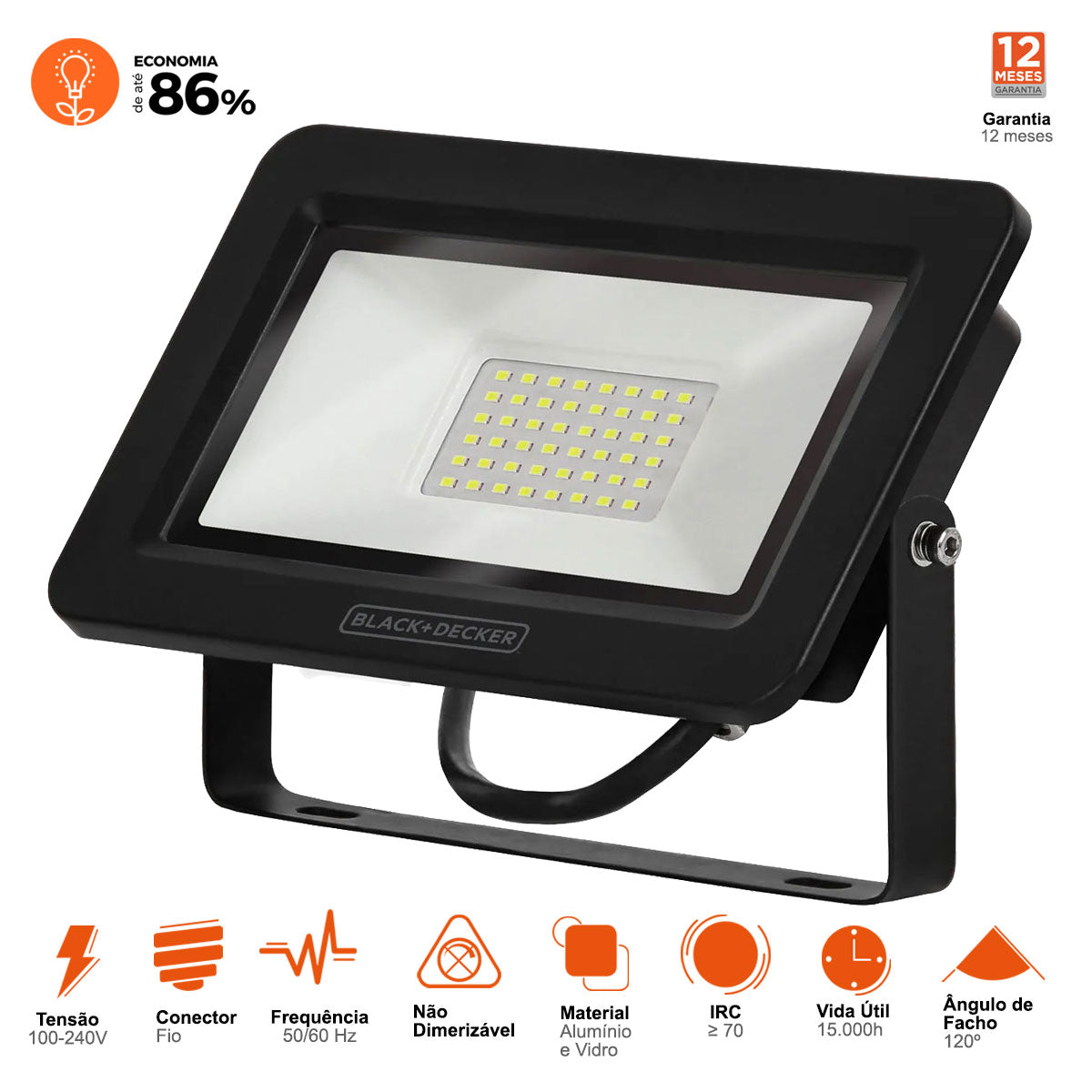 Refletor Led Holofote 50W 6500K Branco Frio IP65 Black+Decker