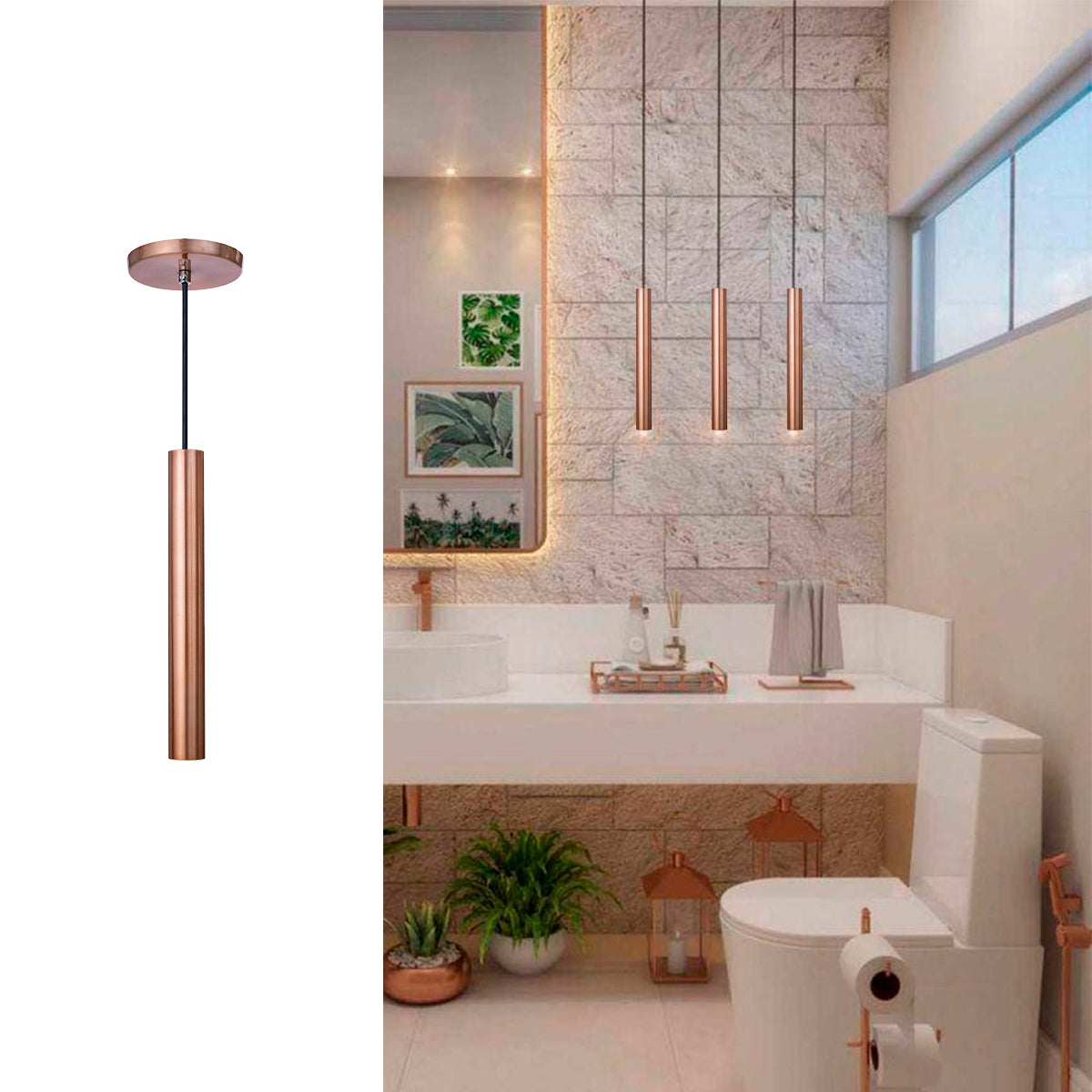 Pendente Luminária Tubo Cobre Rose Gold 30 Cm