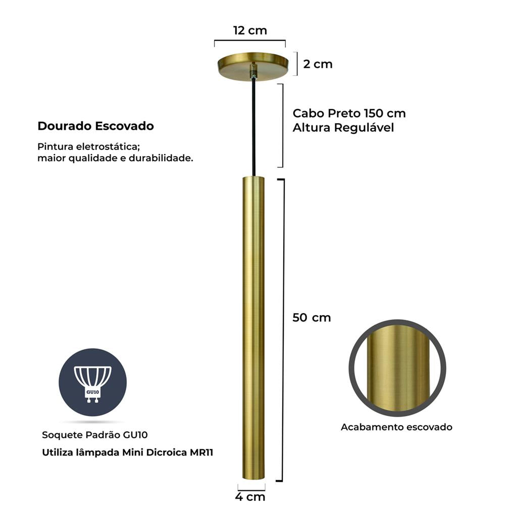 Pendente Luminária Tubo Dourado 50 Cm