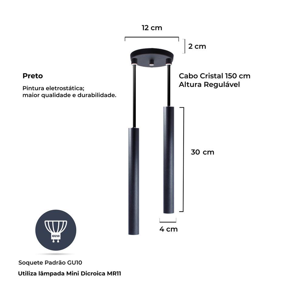Pendente Luminária Tubo Preto 30 Cm - Duplo