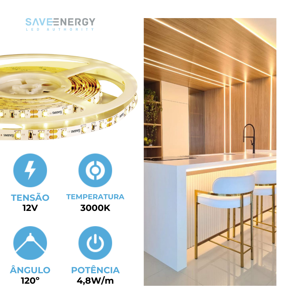 Fita Led Profissional Save Energy 12v 4,8w/m Ip20 5m 3000k Branco Quente