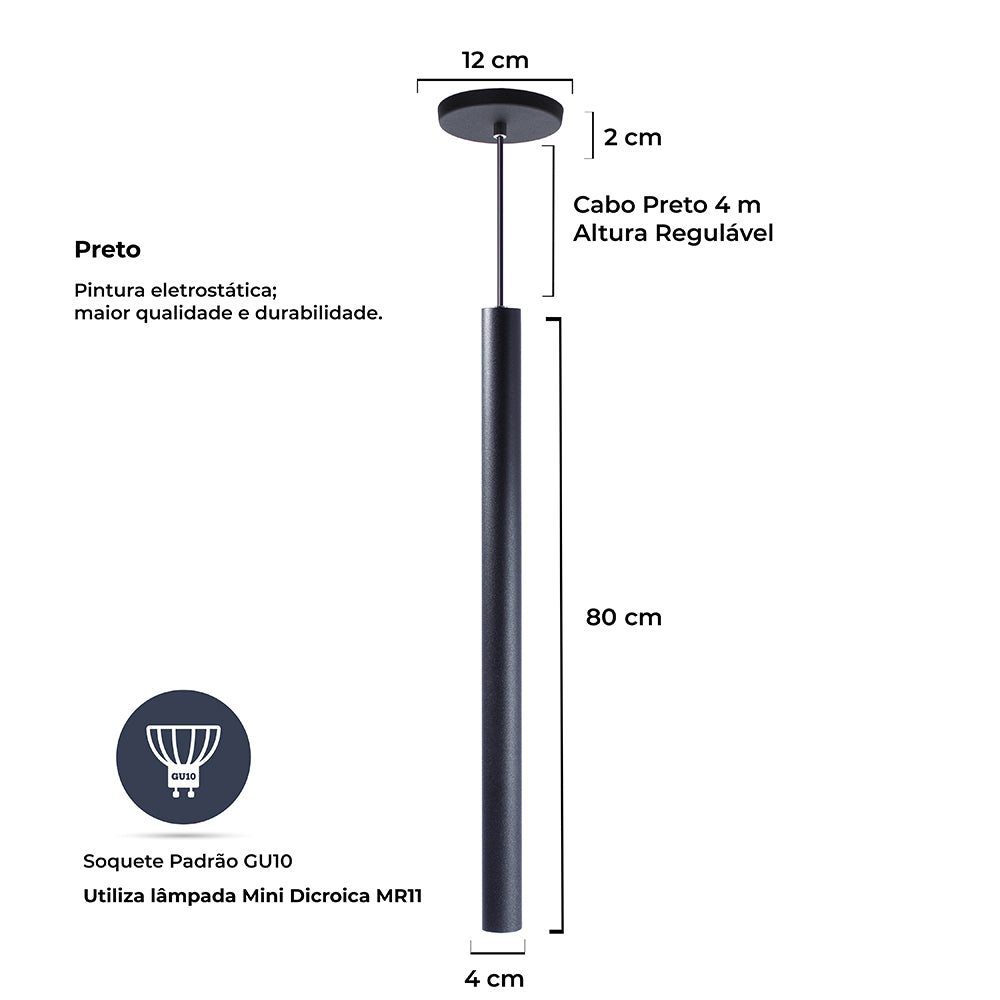 Pendente Luminária Tubo Preto 80 Cm