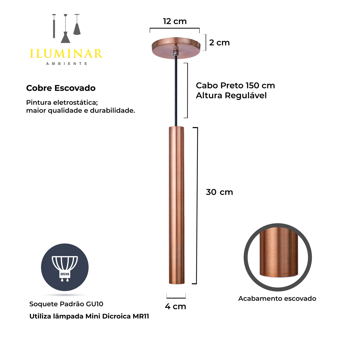 Pendente Luminária Tubo Cobre Rose Gold 30 Cm