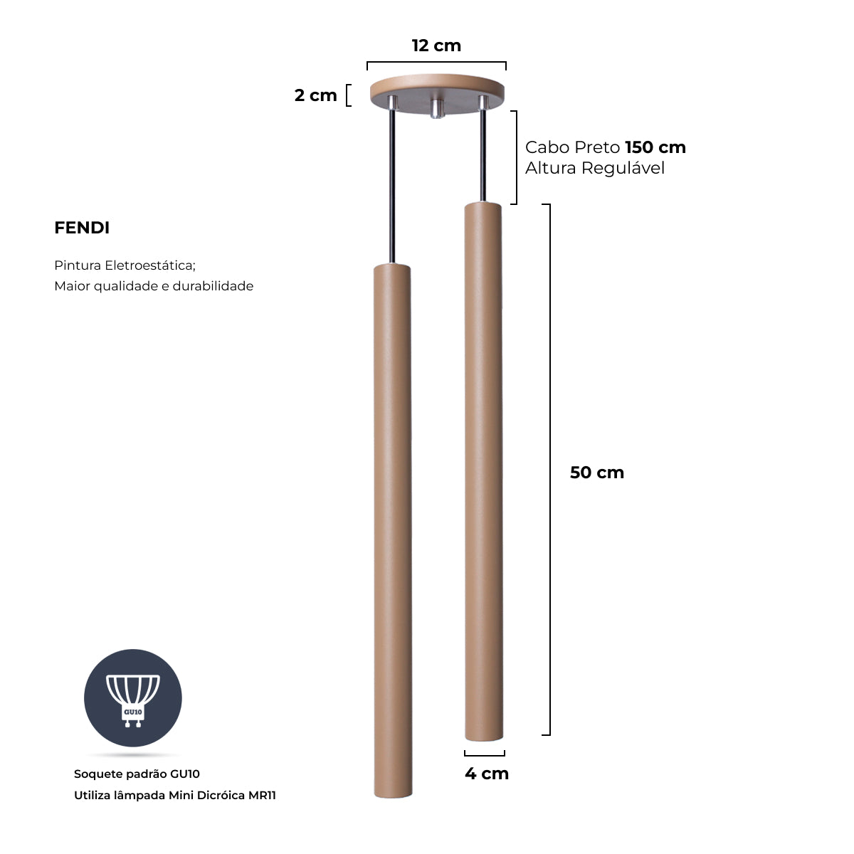 Pendente Luminária Tubo Fendi 50 Cm – Duplo