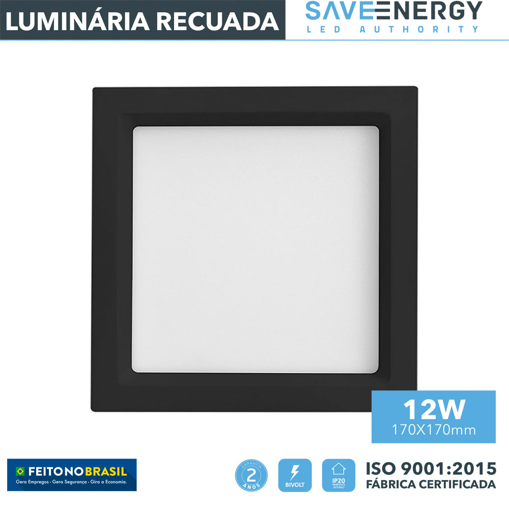 Luminária Painel Plafon Led Embutir Recuada 17x17 12w 3000k Jet Black Save Energy