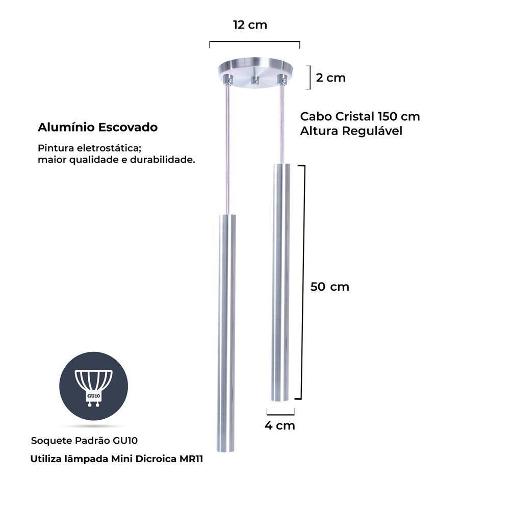 Pendente Luminária Tubo Alumínio Escovado 50 Cm - Duplo