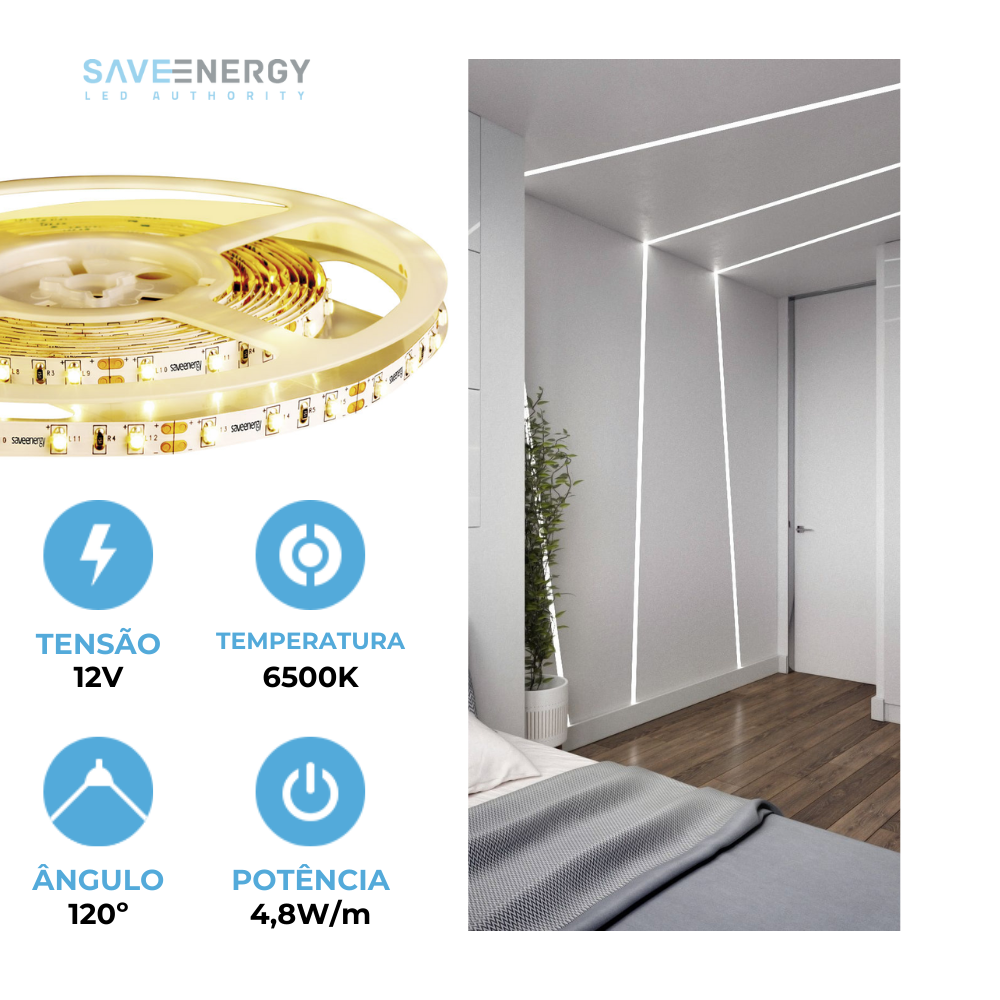 Fita Led Profissional Save Energy 12v 4,8w/m Ip20 5m 6500k Branco Frio