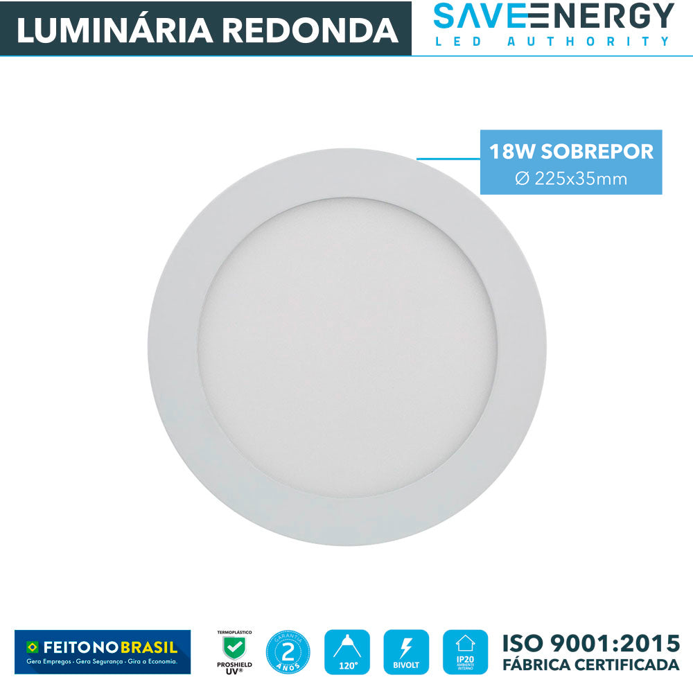 Luminária Painel Plafon Led Sobrepor Redonda 18w 5700k Save Energy