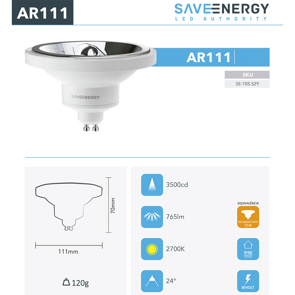 Lâmpada Led Ar111 12w Save Energy 2700k Branco Quente