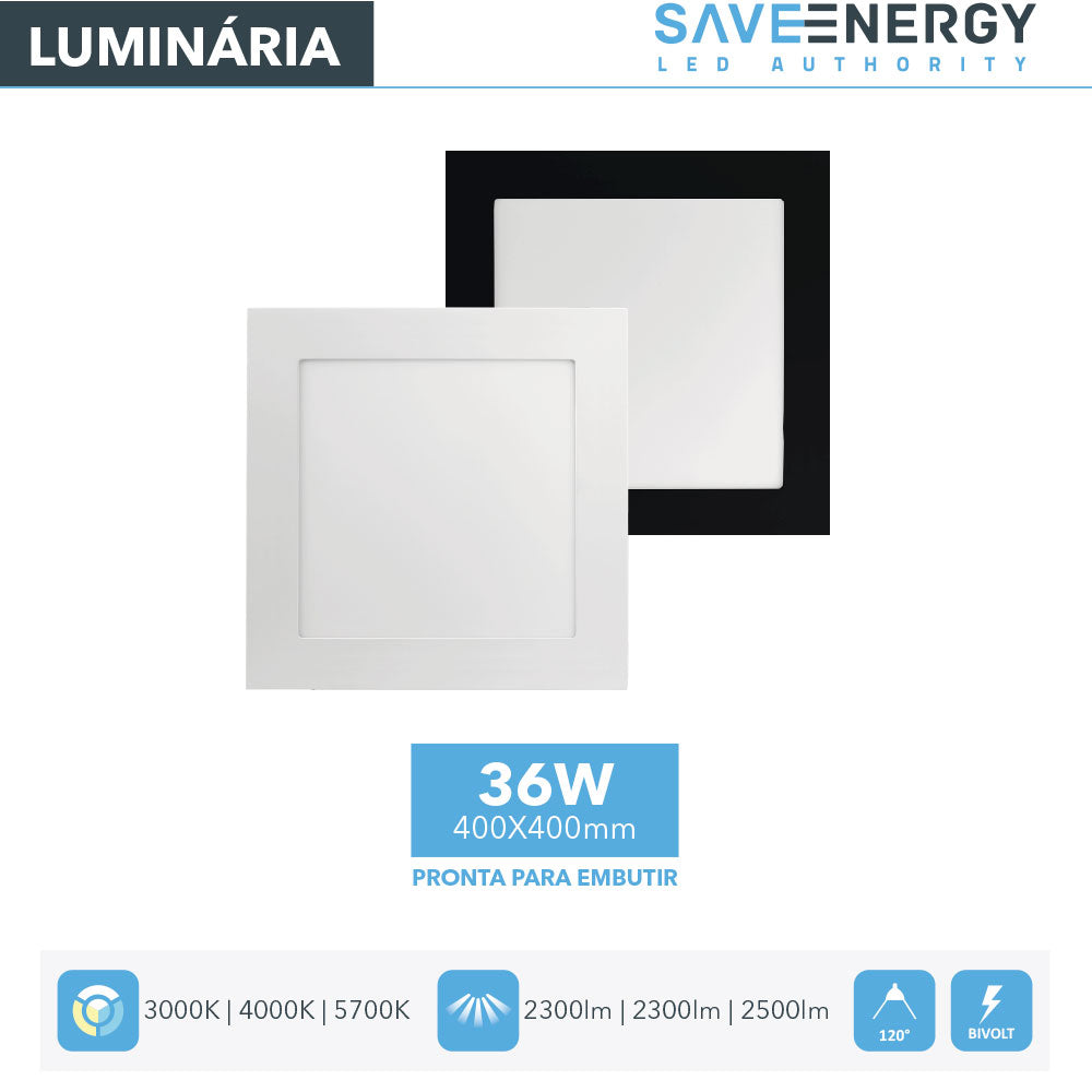 Luminária Painel Plafon Led Embutir 40x40 36W 5700K Save Energy