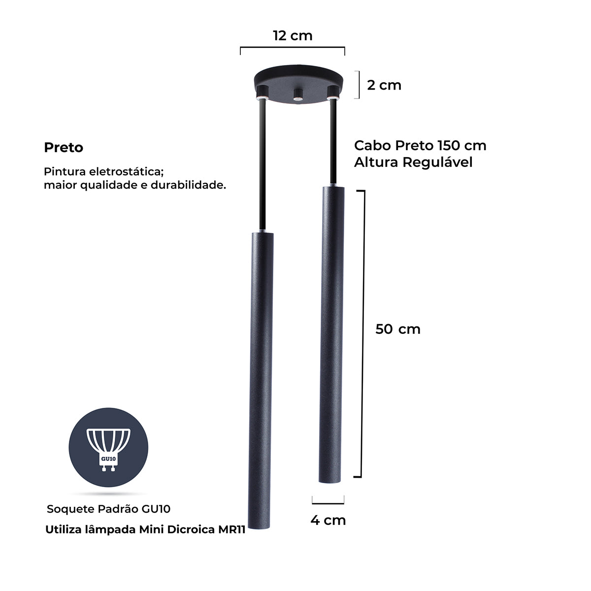 Pendente Tubo Preto 50 Cm - Duplo