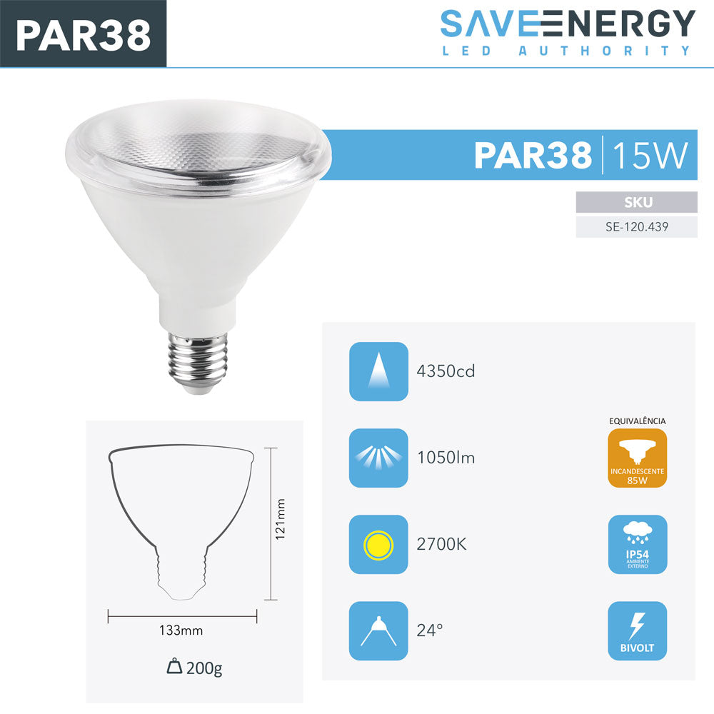 Lâmpada Led Par38 15w Save Energy 2700k Branco Quente