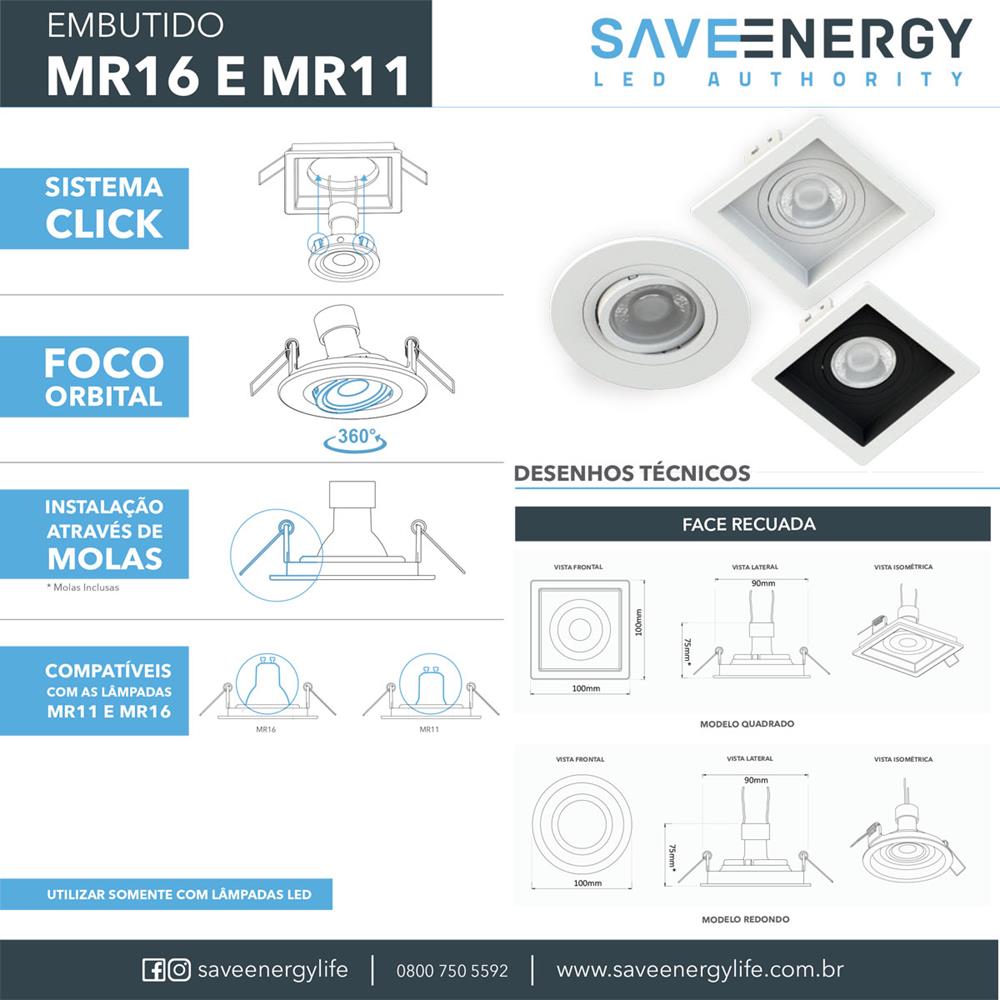 Spot Embutir Quadrado Recuado Dicroica Mr16 Branco