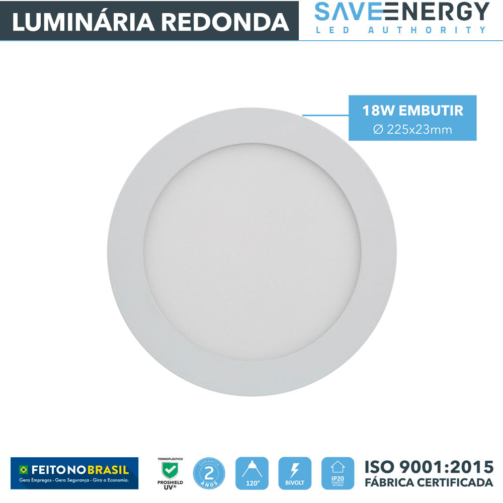 Luminária Painel Plafon Led Embutir Redonda 18w 4000k Save Energy