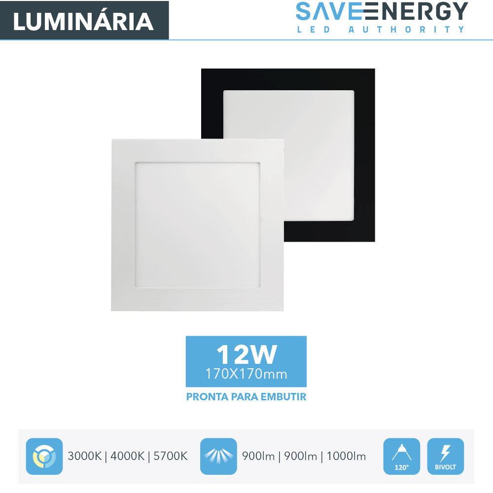 Luminária Painel Plafon Led Embutir 17x17 12W 3000K Save Energy