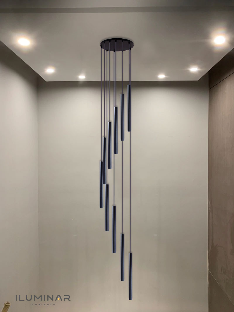 Pendente 10 Tubo Preto 50cm Canopla 45cm Escada Sala