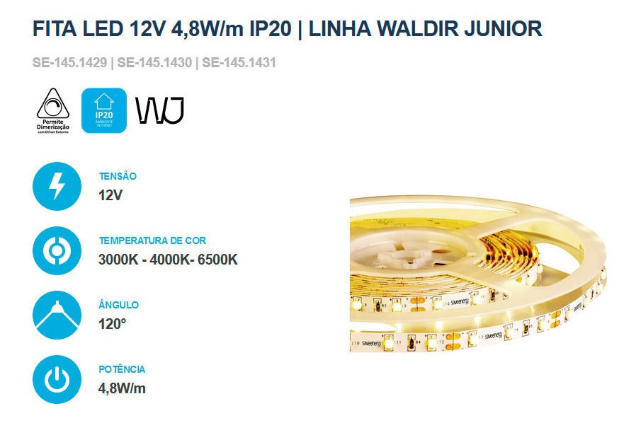Fita Led Profissional Save Energy 12v 4,8w/m Ip20 5m 3000k Branco Quente