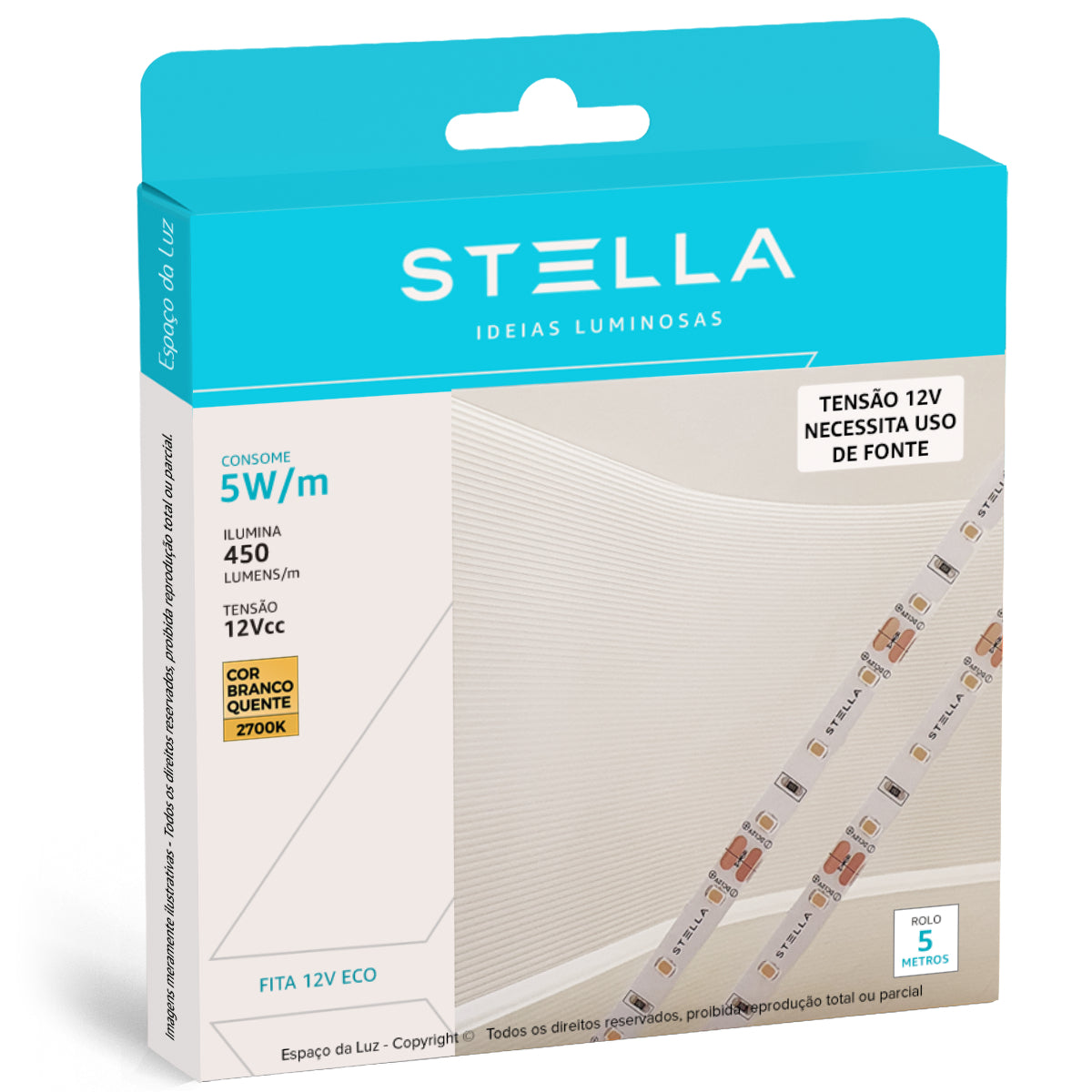 Fita Led Profissional Stella Eco 5W/M 12V IP20 5m 2700K Branco Quente