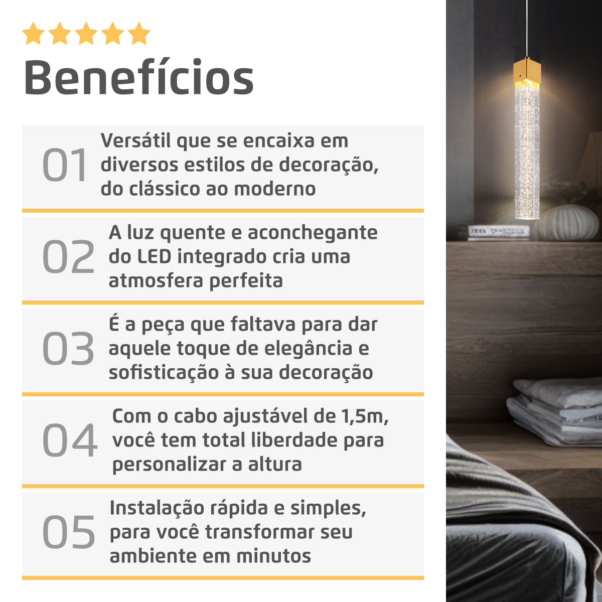 Pendente Luminária Dourado Tubo Cristal Quadrado 35cm Sindora