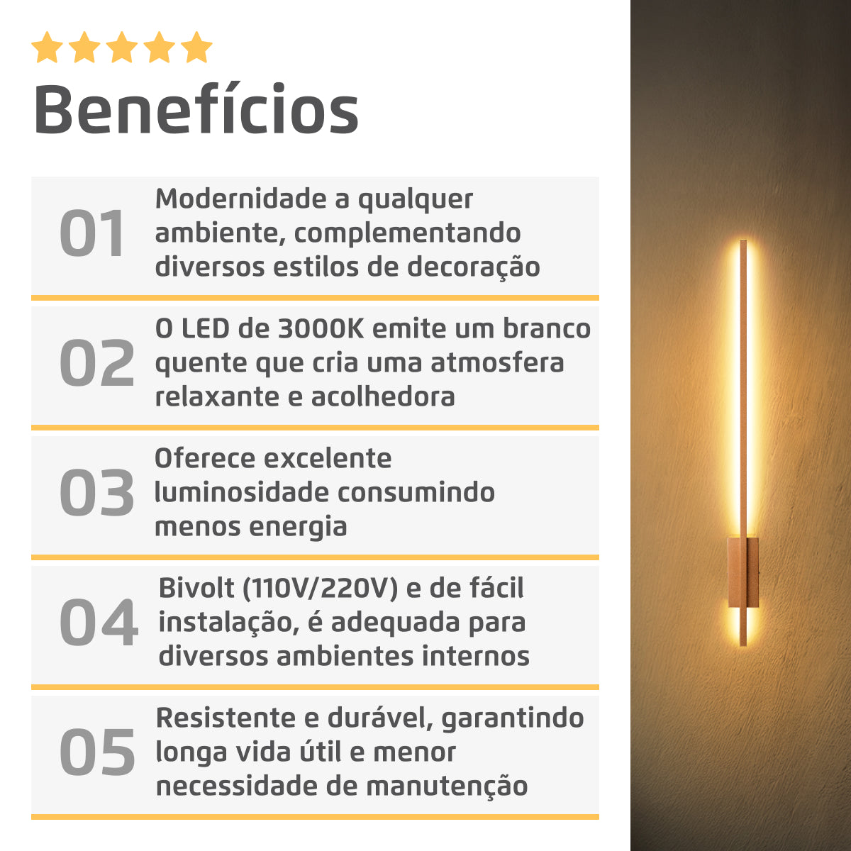 Arandela Perfil Slim Luz Indireta 100Cm 22w 3000K Cobre