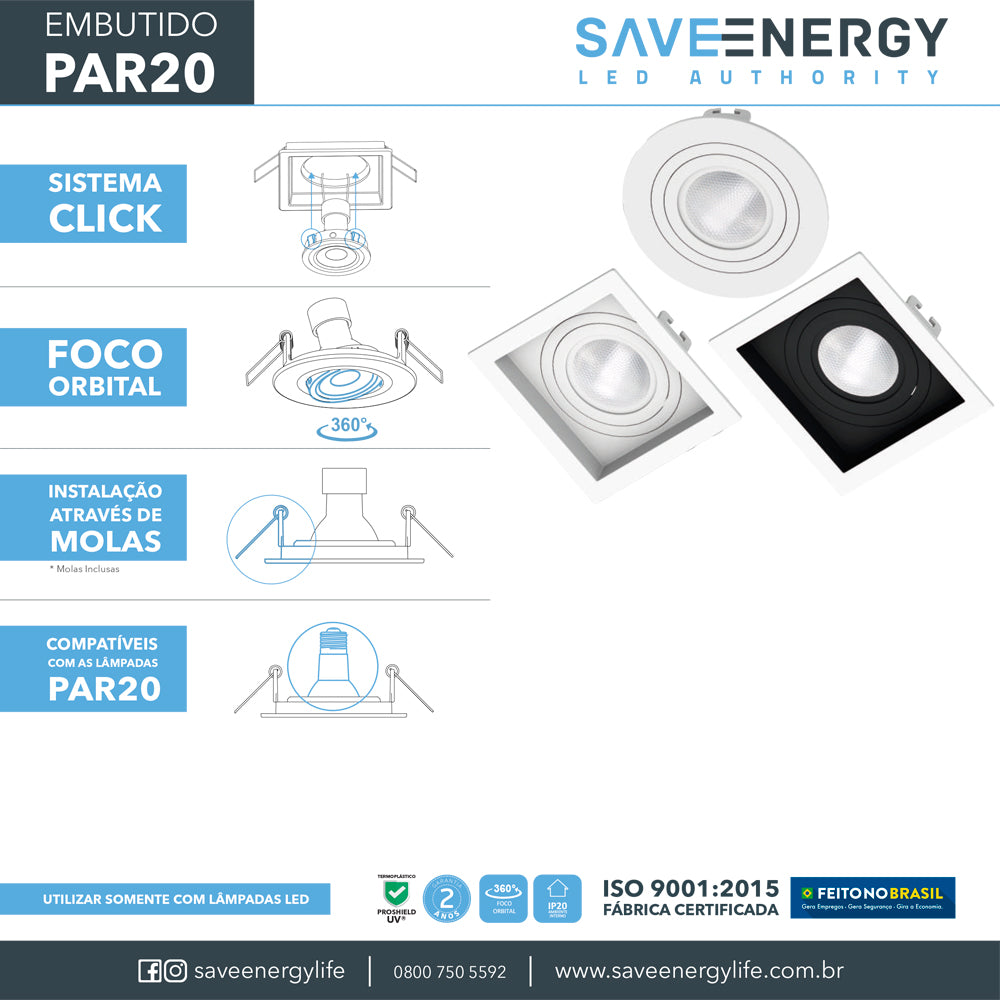 Spot Embutir Quadrado Recuado P/ Par20 Preto