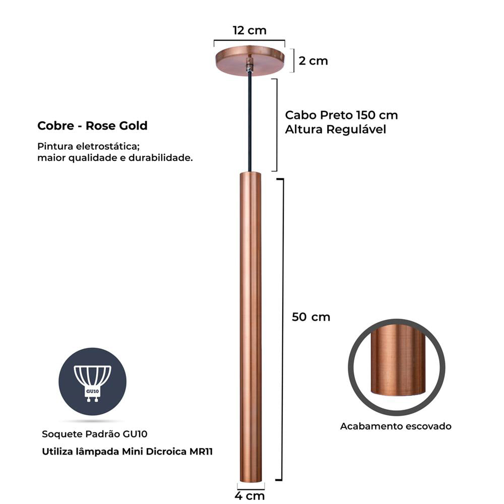 Pendente Luminária Tubo Cobre Rose Gold 50 Cm