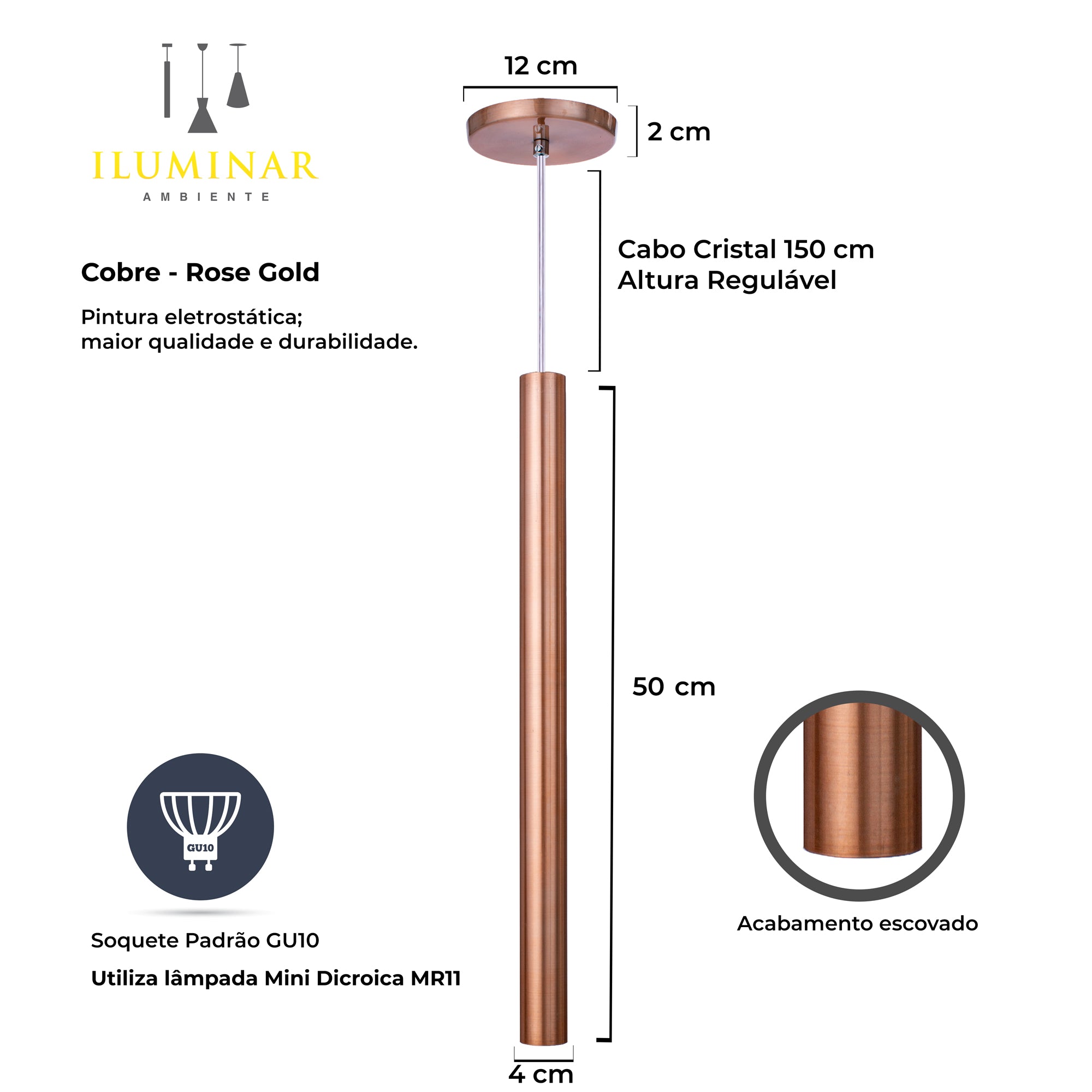 Pendente Luminária Tubo Rose Gold Cabo Cristal 50 Cm