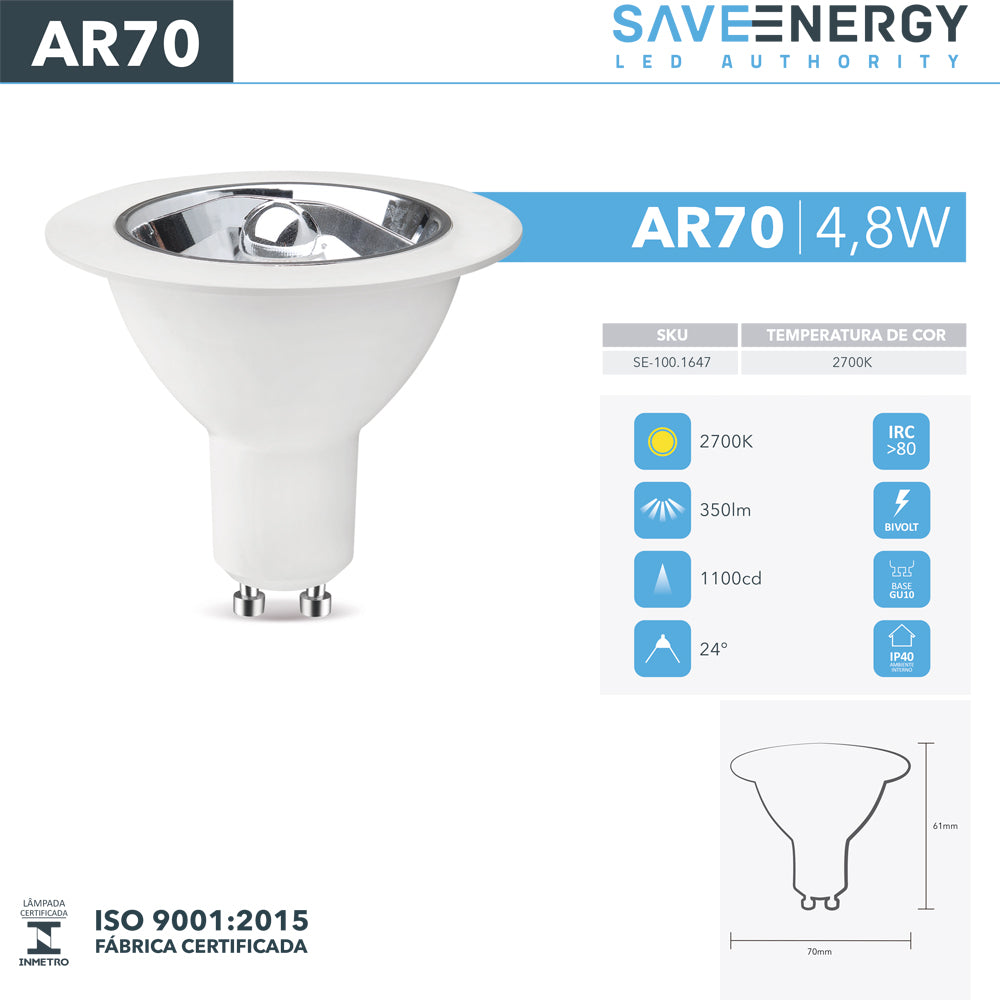 Lâmpada Led AR70 4,8w Save Energy 2700k Branco Quente