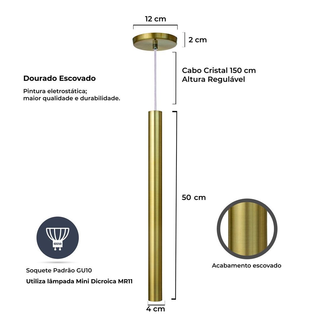 Pendente Luminária Tubo Dourado Cabo Cristal 50 Cm